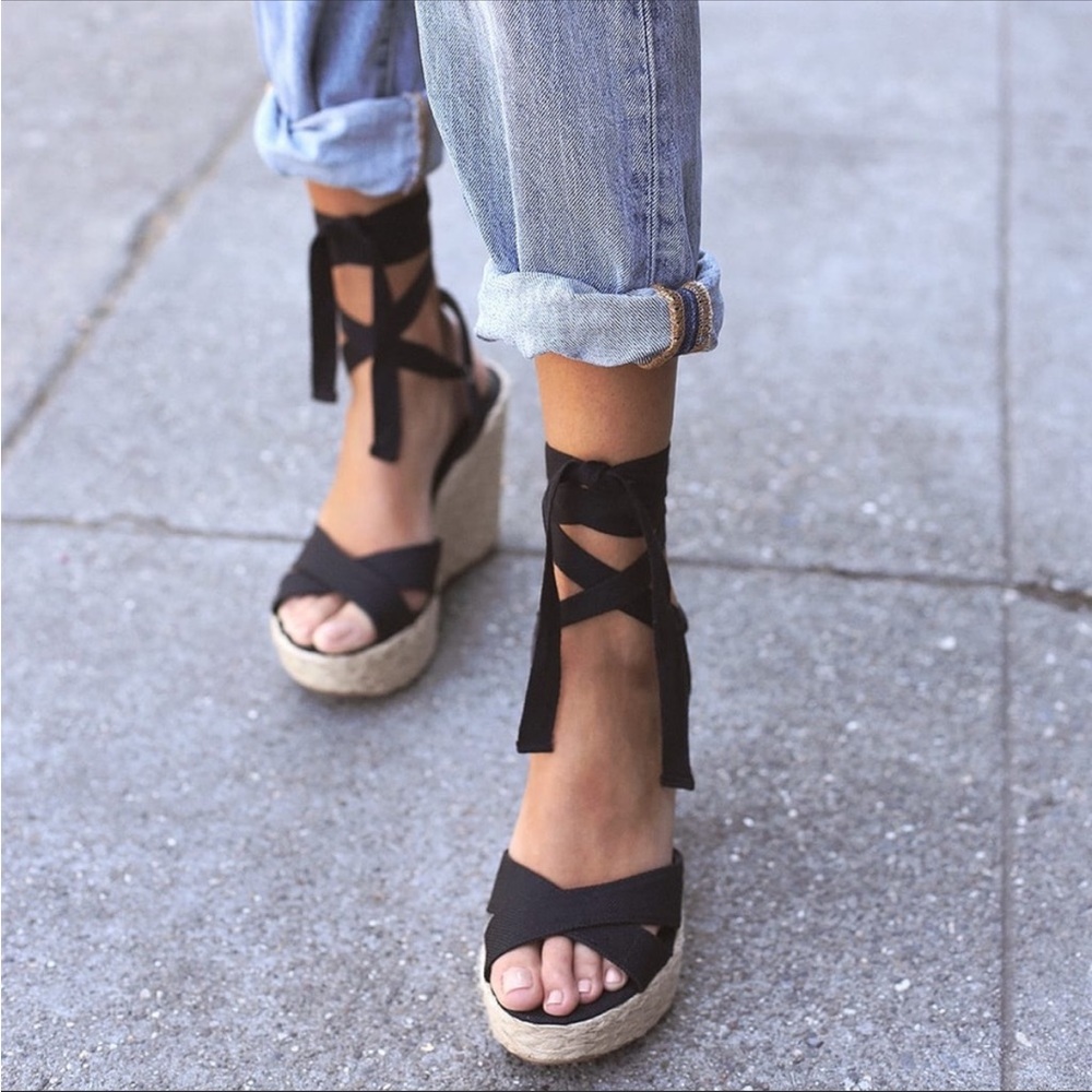 Lulus Esme Black Lace-Up Espadrille Wedges